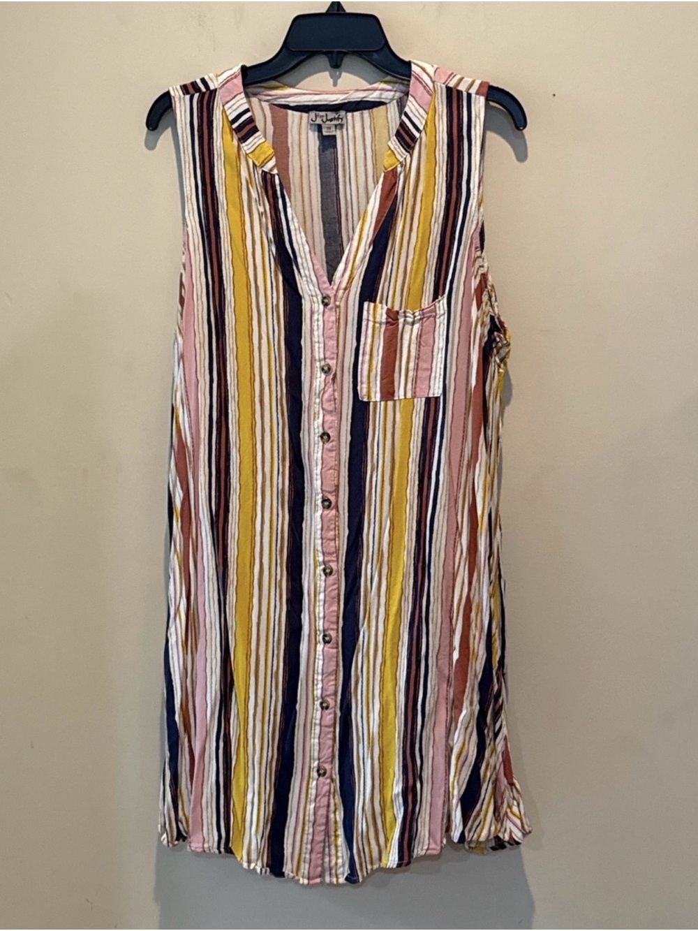 J for Justify Sleeveless Button-Front Striped Midi Dress in Pink, Yellow & Navy